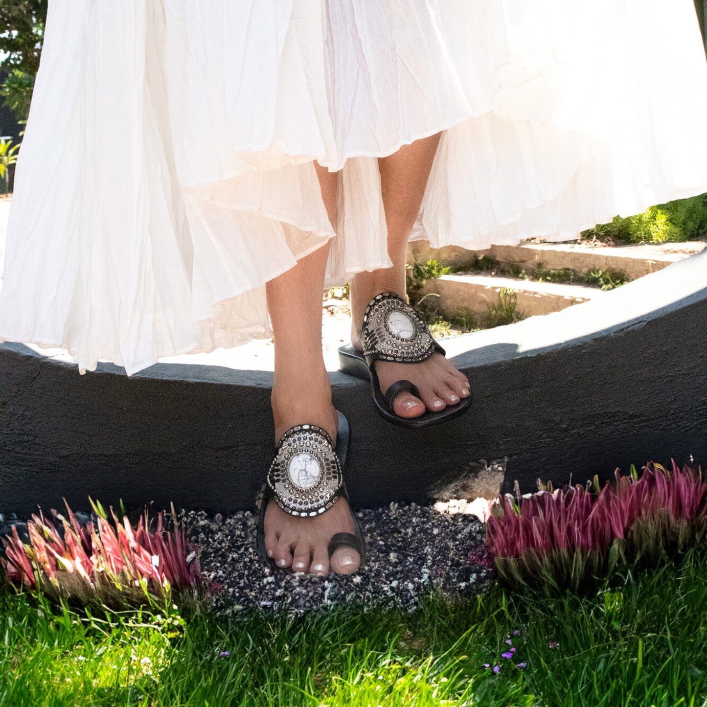 Rocal Semi-precious White Howlite Stone Sandal