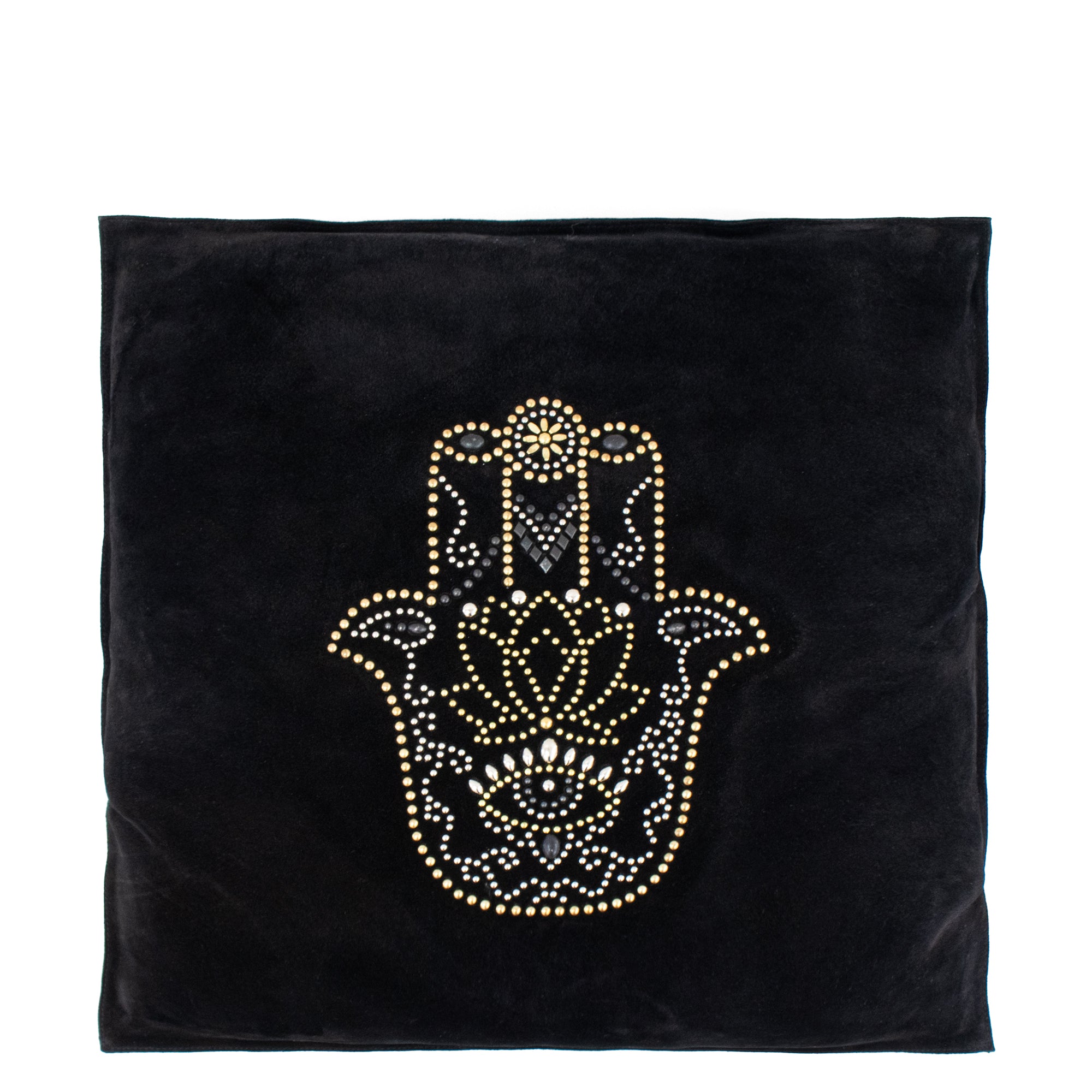 calleen cordero Hamsa Hand Pillow (Includes pillow insert) 20" x 20" Black Suede w/ Brass Nickel & Black Art
